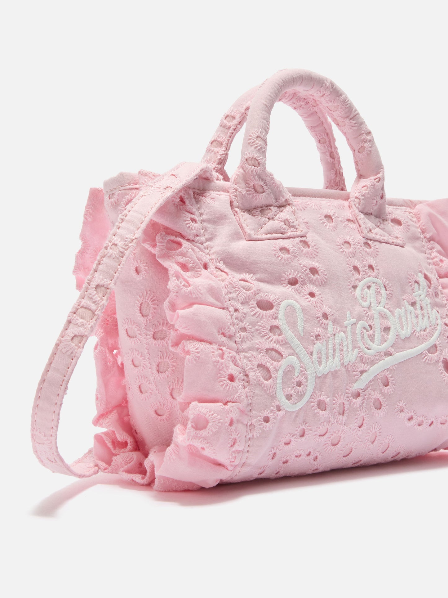 Pink Vanity mini volant bag in broderie anglaise cotton