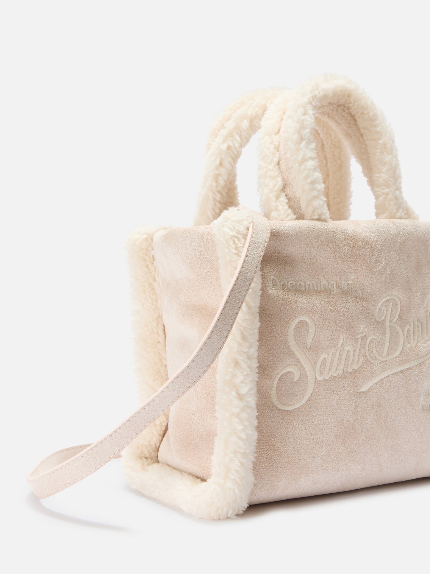 Vanity Mini Shearling Soft Handbag in beige shearling