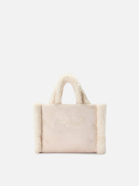 Vanity Mini Shearling Soft Handbag in beige shearling