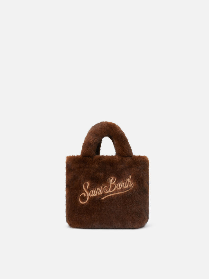Braune Mini Vanity Soft Tasche aus Kunstfell mit Logo-Stickerei 