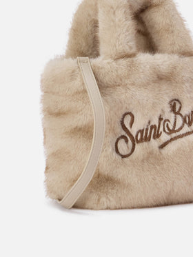 Beige Mini Vanity Soft bag in faux fur with logo embroidery