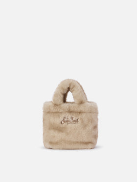 Beige Mini Vanity Soft bag in faux fur with logo embroidery