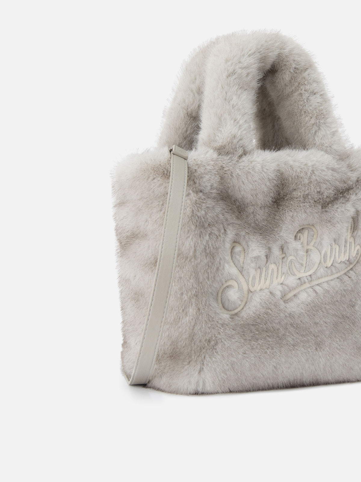 Mini Vanity Soft bag grise en fausse fourrure avec broderie logo 