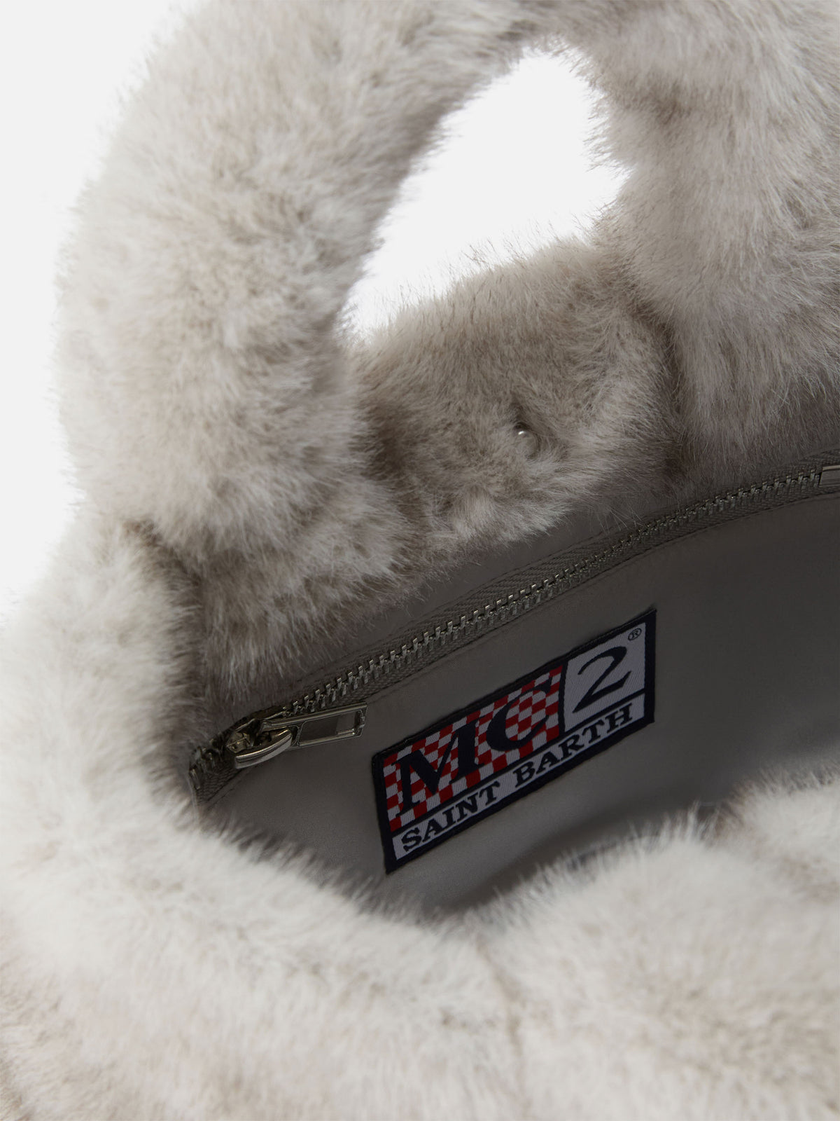 Mini Vanity Soft bag grise en fausse fourrure avec broderie logo 