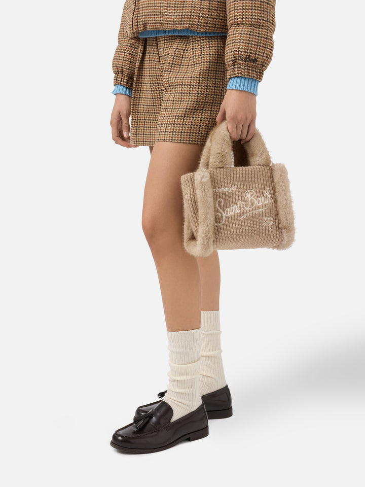 Borsa morbida a mano Vanity Mini Shearling Rib in misto lana a trecce beige