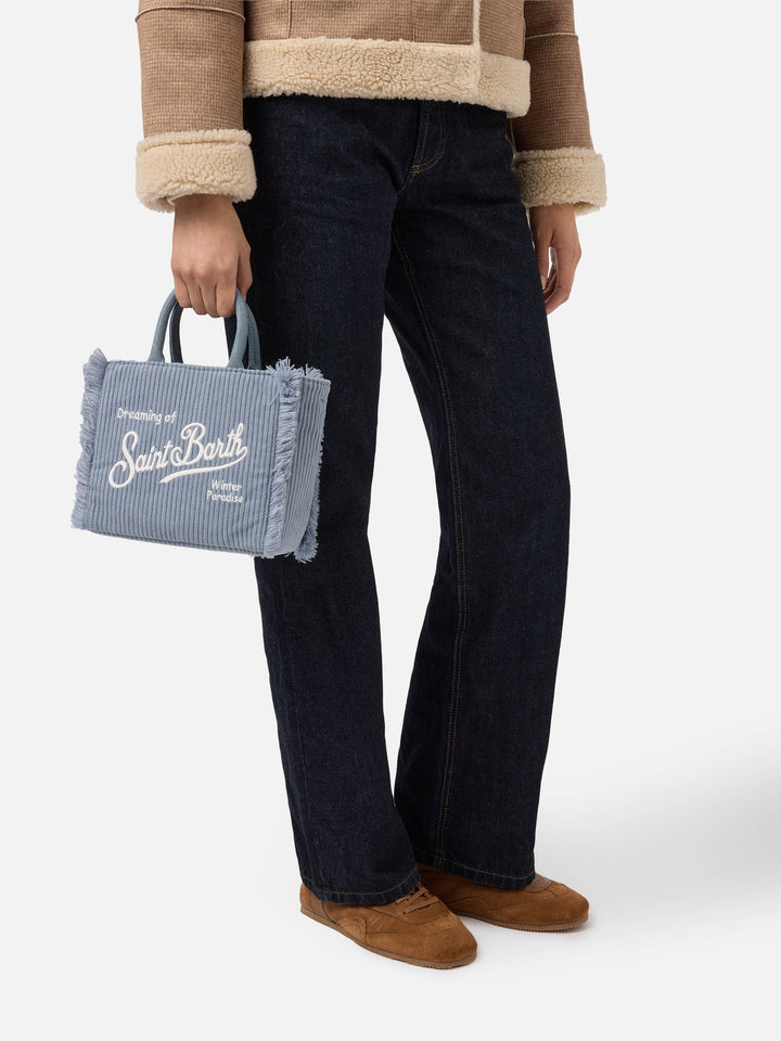 Borsa a mano Vanity Mini Corduroy in velluto a coste e faux suede azzurro polvere