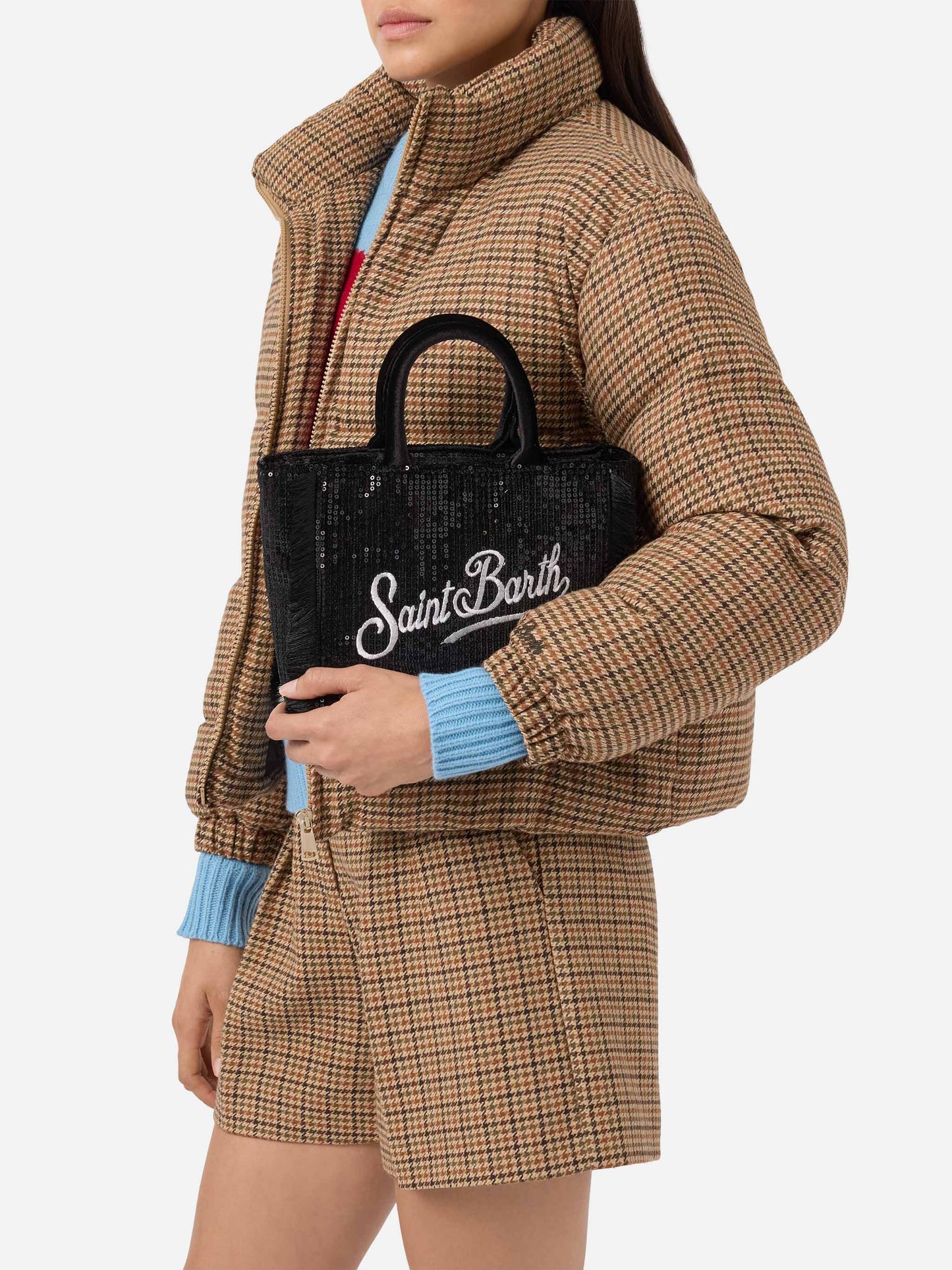 Vanity Mini-Samthandtasche aus schwarzem Samt mit Pailletten