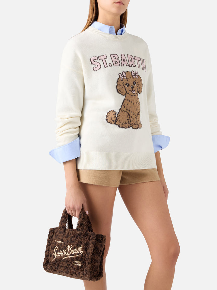 Borsa Mini Vanity marrone in tessuto teddy con stampa leopardata