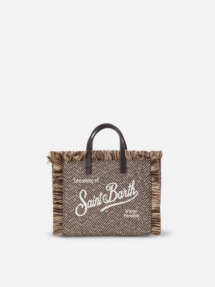 Mehrfarbige Mini-Vanity-Bag aus Wollmischung mit Fischgrätmuster und Strasssteinen 