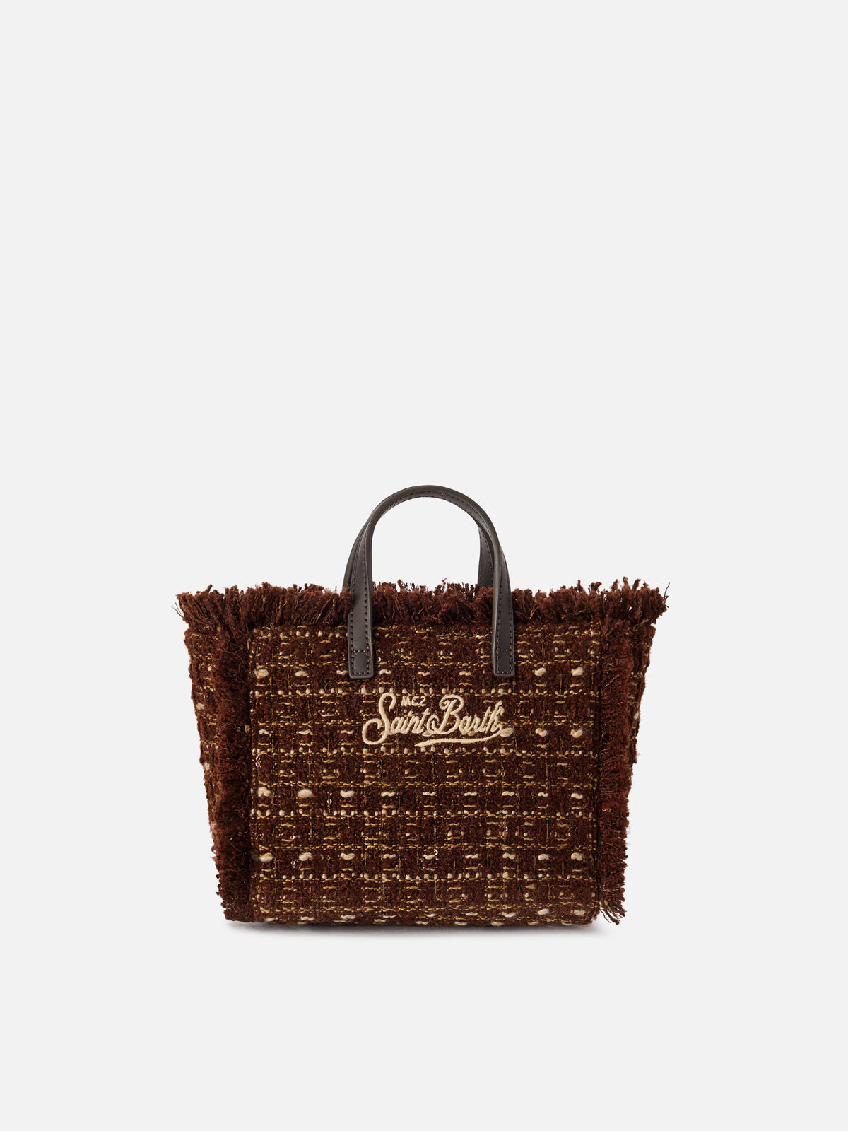 Mini bolso Vanity marrón en tweed con bordado del logo 