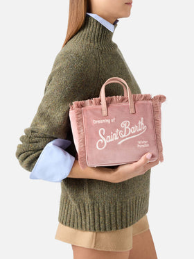 Borsa Mini Vanity rosa in velluto con ricamo logo