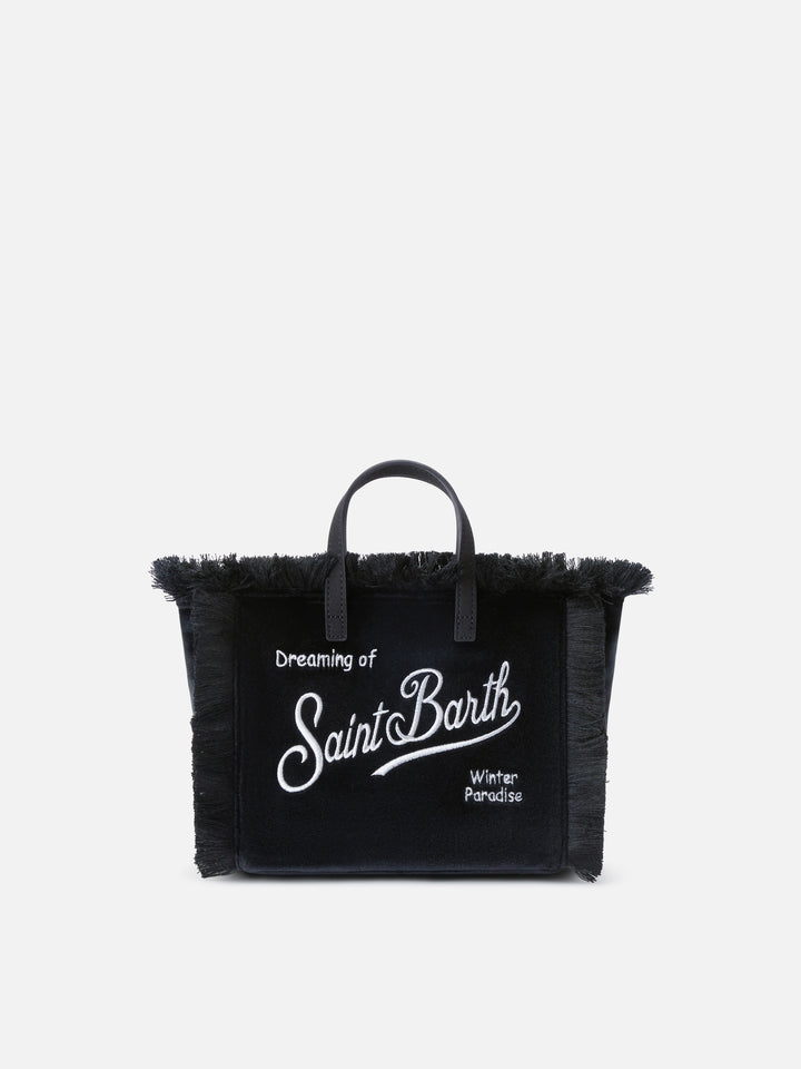 Schwarze Mini-Vanity-Bag aus Samt mit Logostickerei 