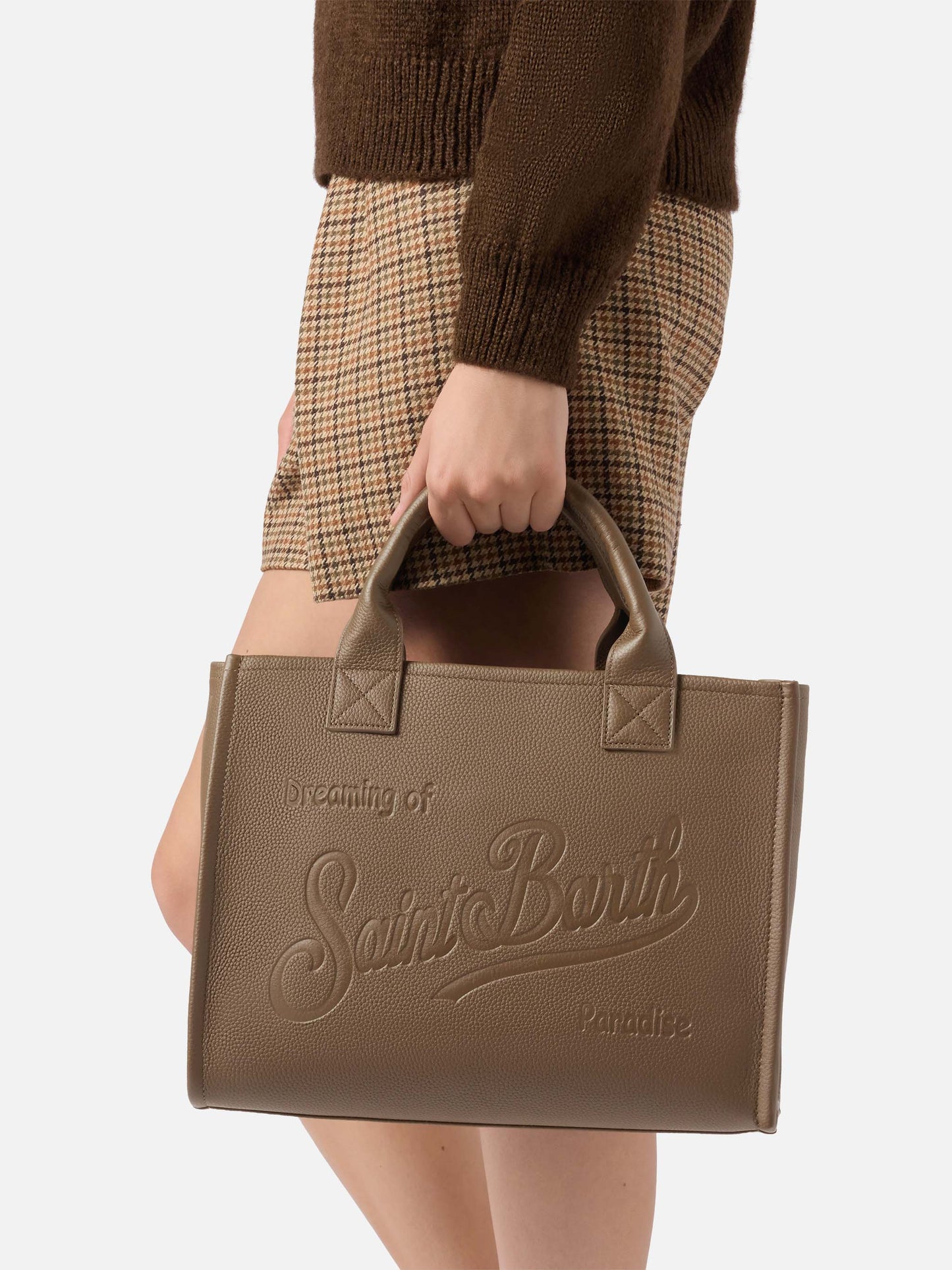 Große Vanity Bag Schultertasche aus braunem, gehämmertem Leder