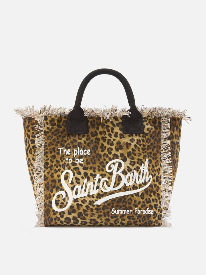 Vanity regular leopard canvas bag with fringed details