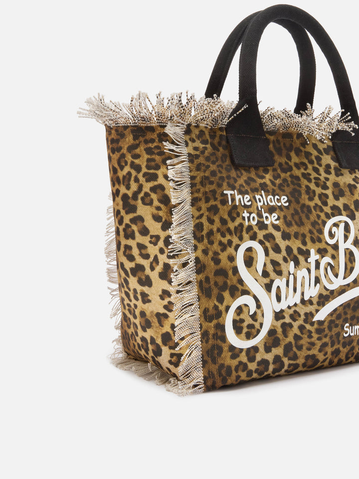 Vanity regular leopard canvas bag with fringed details