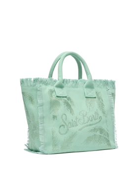 Sage green cotton canvas Vanity tote bag with palm rhinestone embellishment - MC2 Saint Barth
