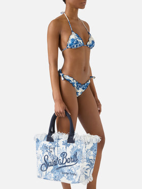 Sac Vanity classique en toile avec imprimé toile de Jouy bleu 