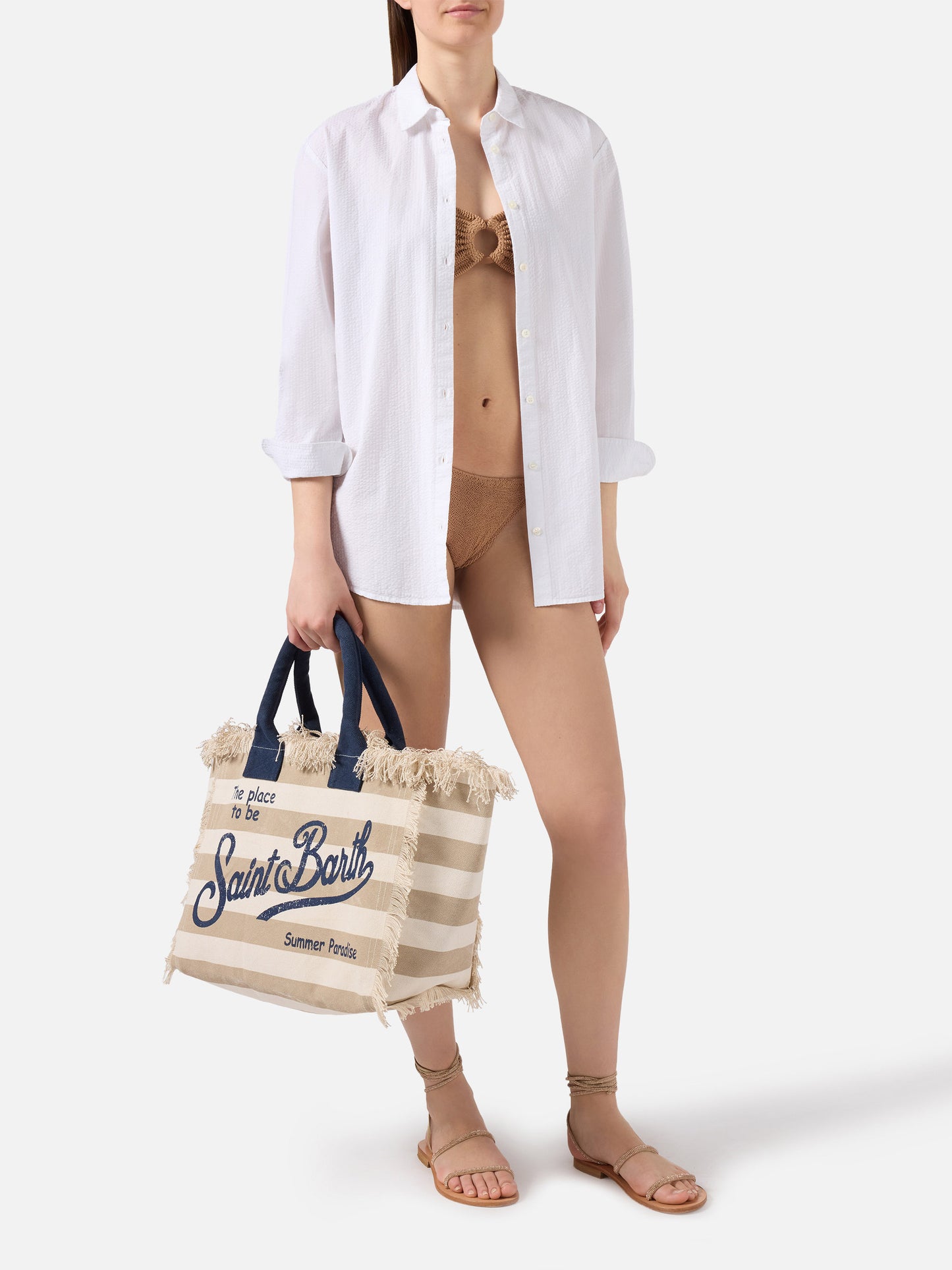 Beige canvas Vanity regular bag with horizontal stripes