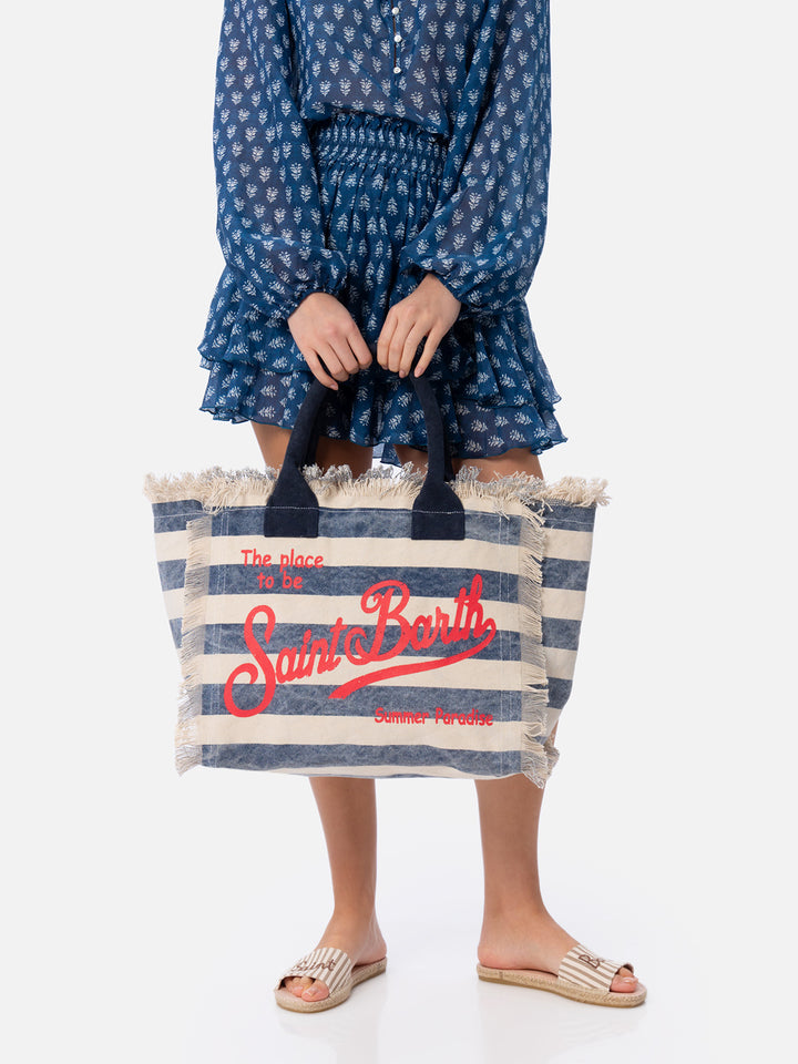 Cotton canvas Vanity tote bag with navy blue striped print - MC2 Saint Barth