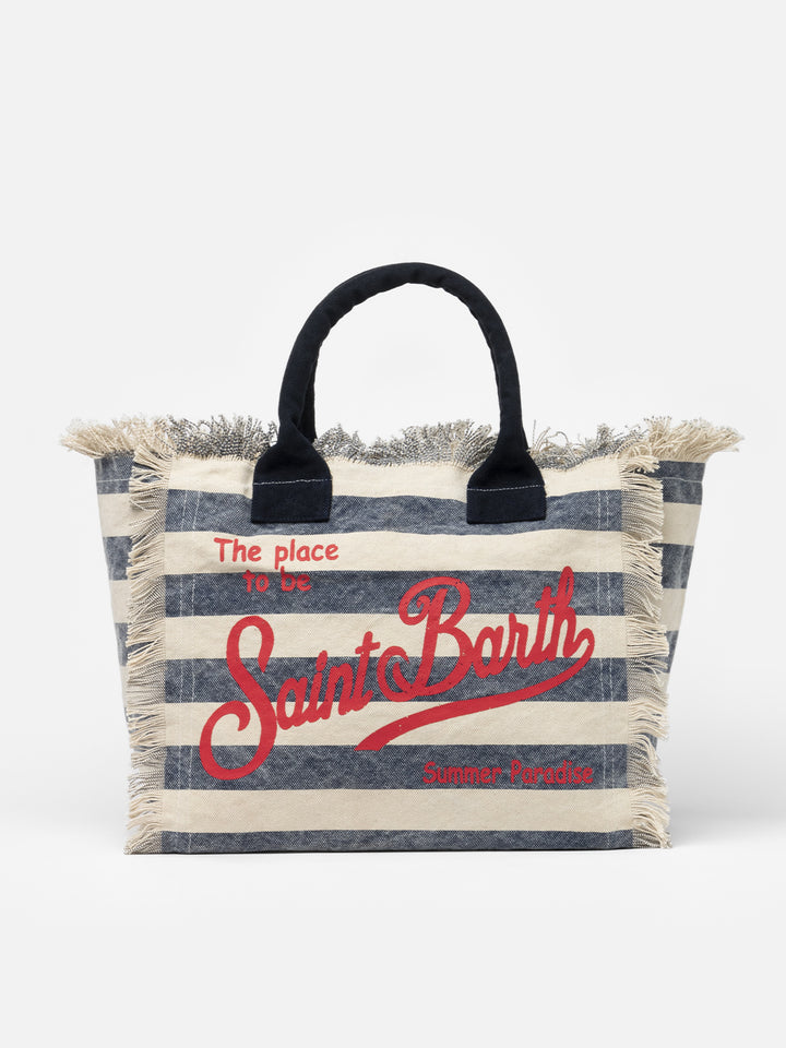 Cotton canvas Vanity tote bag with navy blue striped print - MC2 Saint Barth