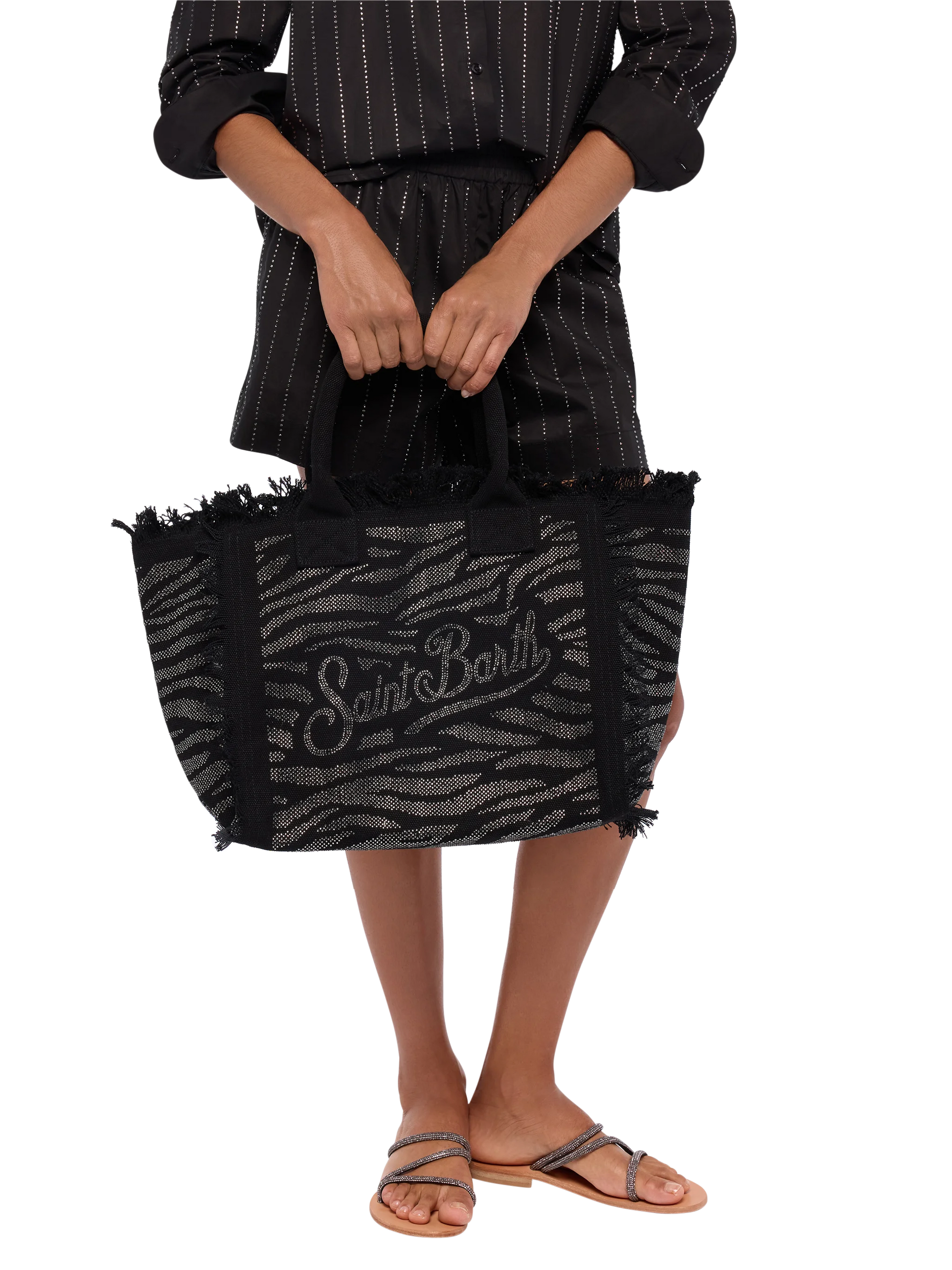 Black cotton canvas Vanity tote bag with zebra rhinestone embellishment - MC2 Saint Barth