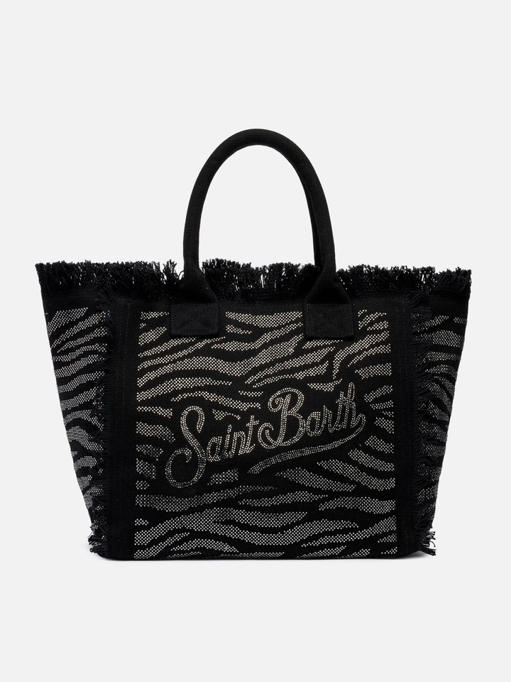 Schwarze Vanity-Einkaufstasche aus Baumwollcanvas mit Zebra-Strassverzierung