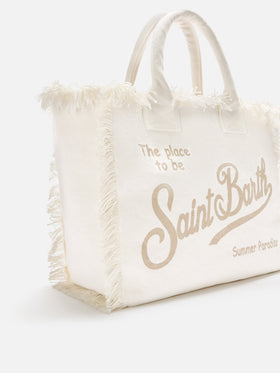 White canvas Vanity regular bag with fringes