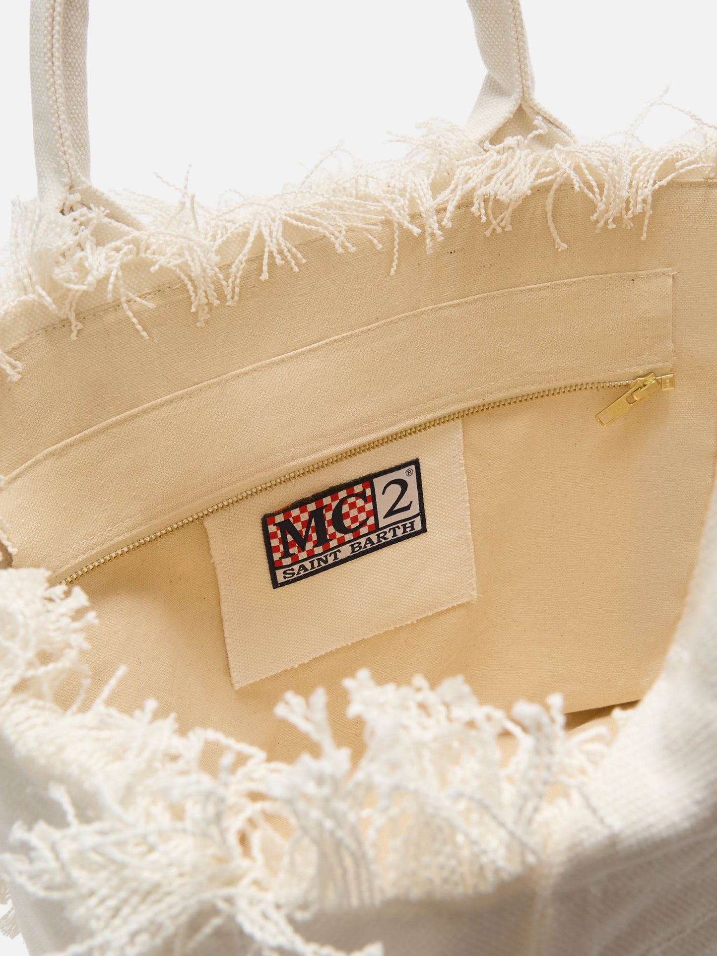 White canvas Vanity regular bag with fringes