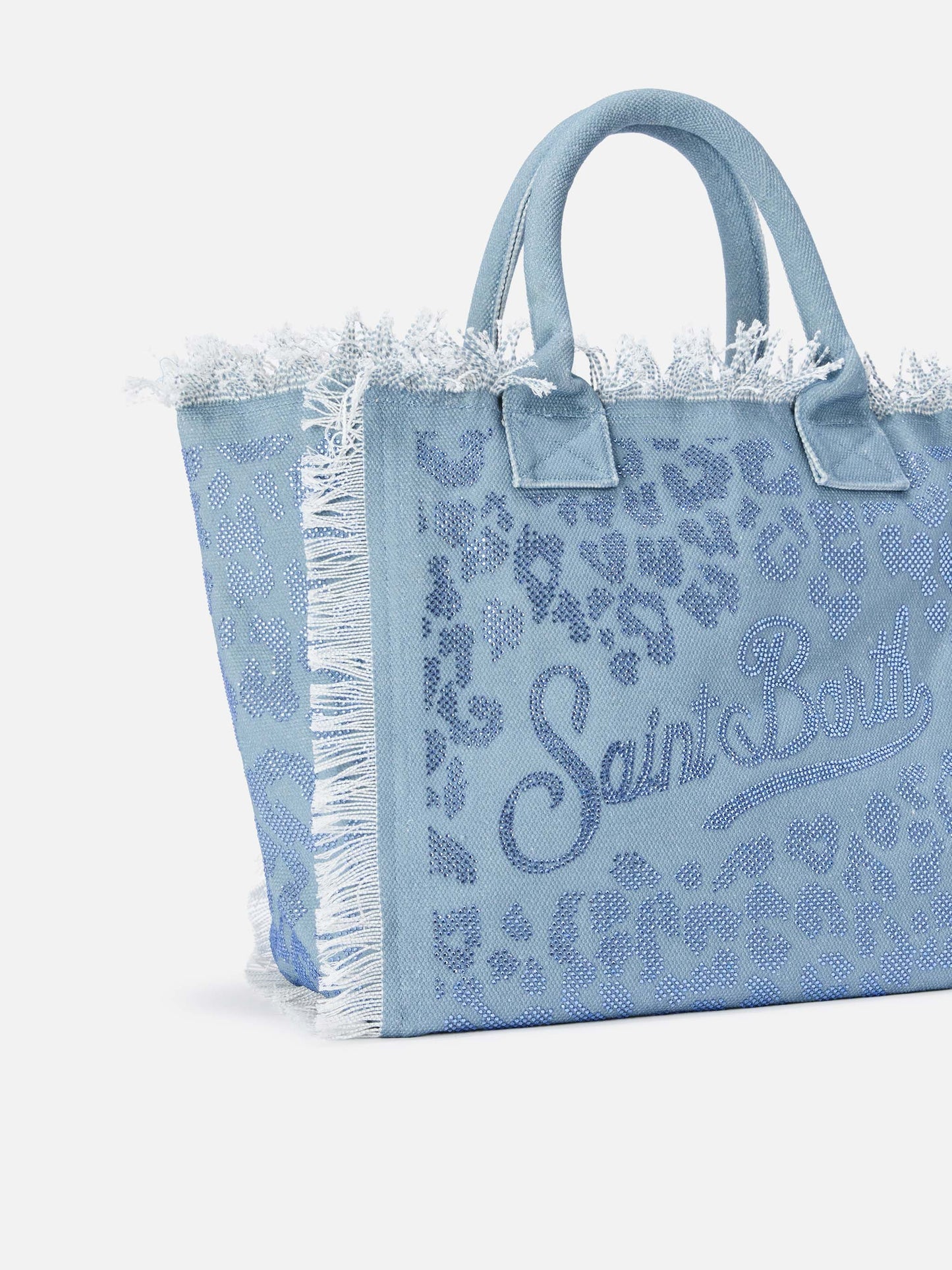 Blaue Regular Vanity Canvas-Tasche im Leopardenprint mit Strasssteinen 