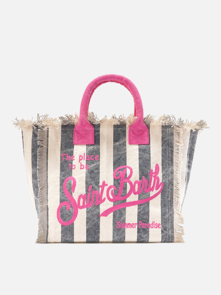 Borsa Vanity regular in canvas a righe verticali blu