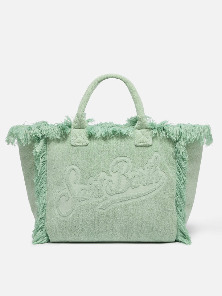 Borsa a spalla Vanity Terry verde salvia con logo in bassorilievo