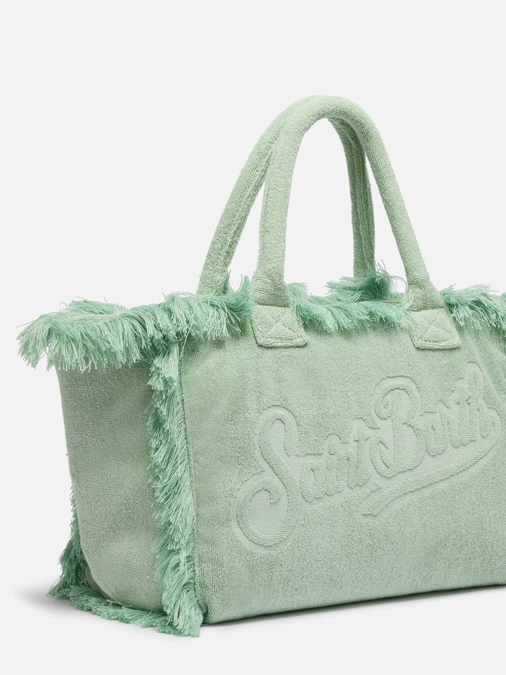 Borsa a spalla Vanity Terry verde salvia con logo in bassorilievo