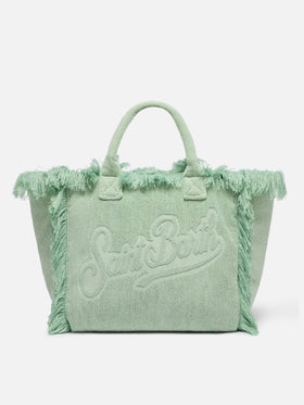 Borsa a spalla Vanity Terry verde salvia con logo in bassorilievo