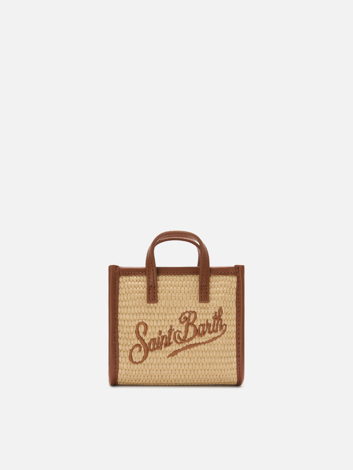 Borsa Vivian micro effetto raffia con logo marrone ricamato
