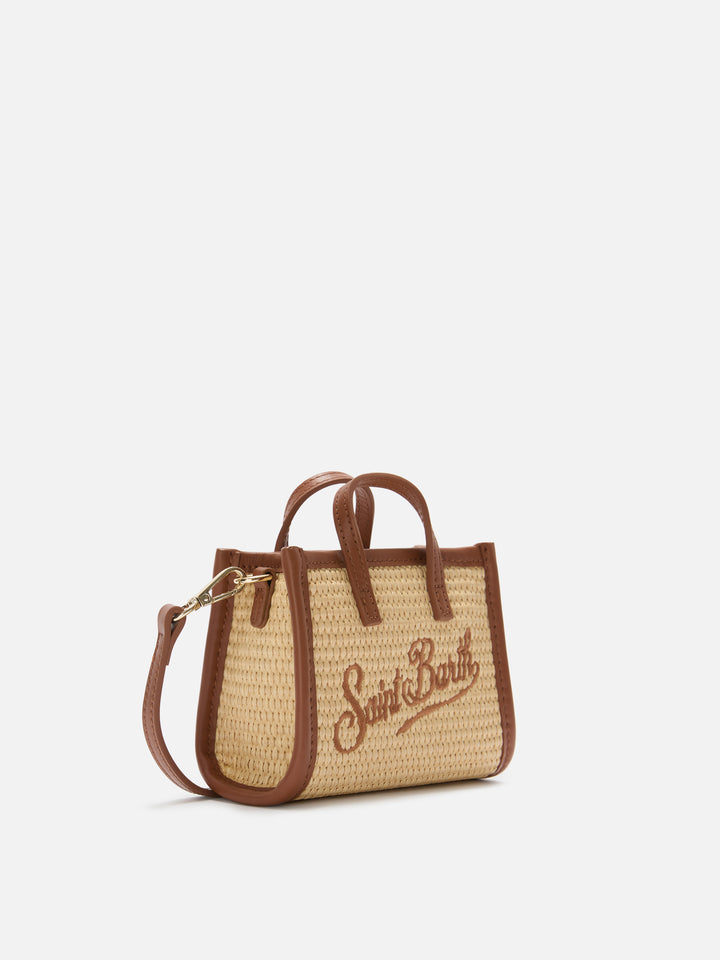Borsa Vivian micro effetto raffia con logo marrone ricamato