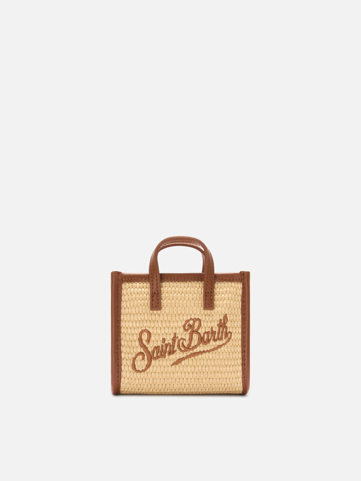 Borsa Vivian micro effetto raffia con logo marrone ricamato