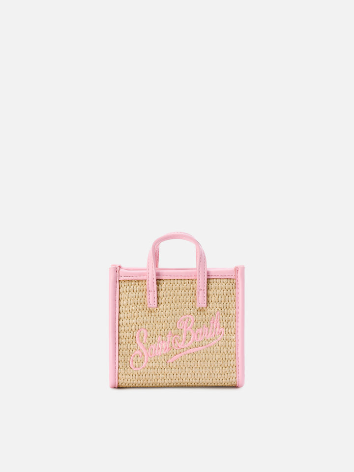 Borsa Vivian micro effetto raffia con logo rosa ricamato