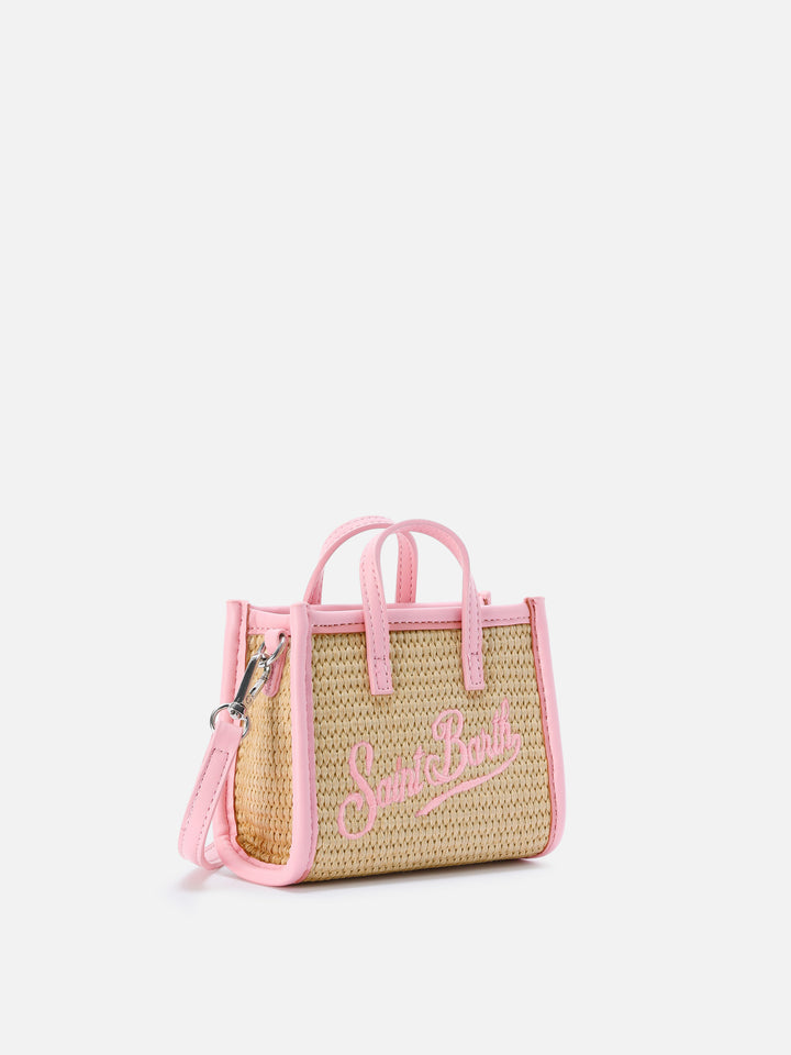 Borsa Vivian micro effetto raffia con logo rosa ricamato