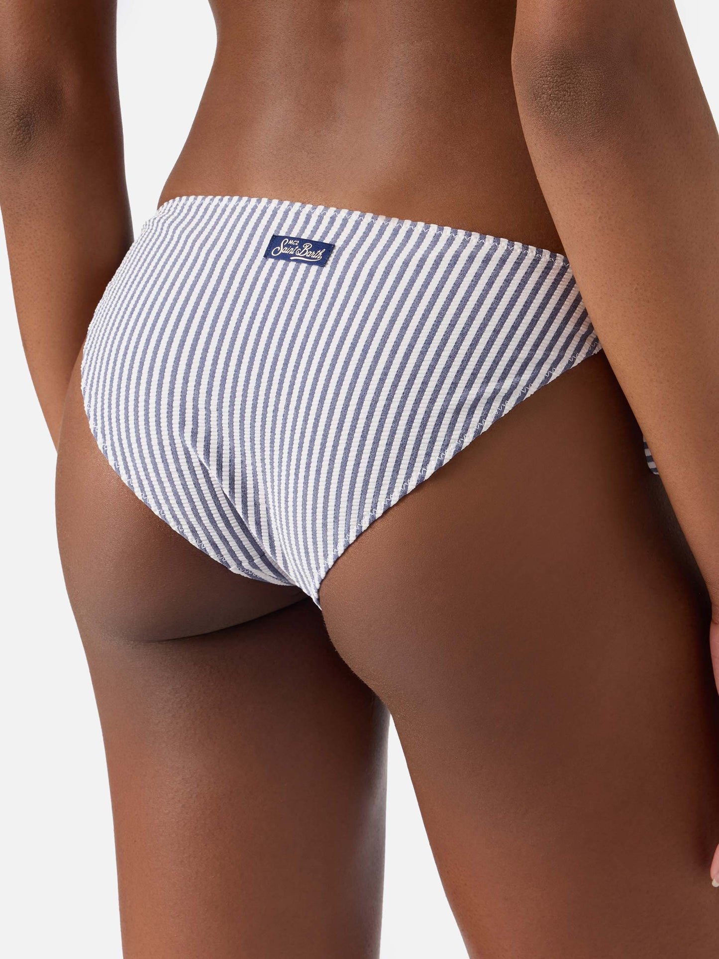 Braguita de bikini clásica Virgo en tejido seersucker con estampado de rayas azules 