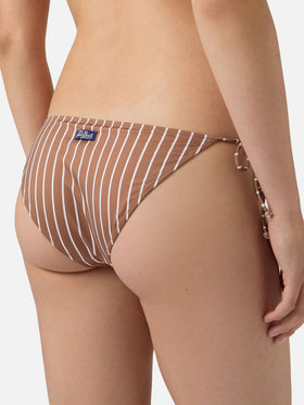 Bas de bikini classique Virgo en tissu stretch à imprimé rayé marron 