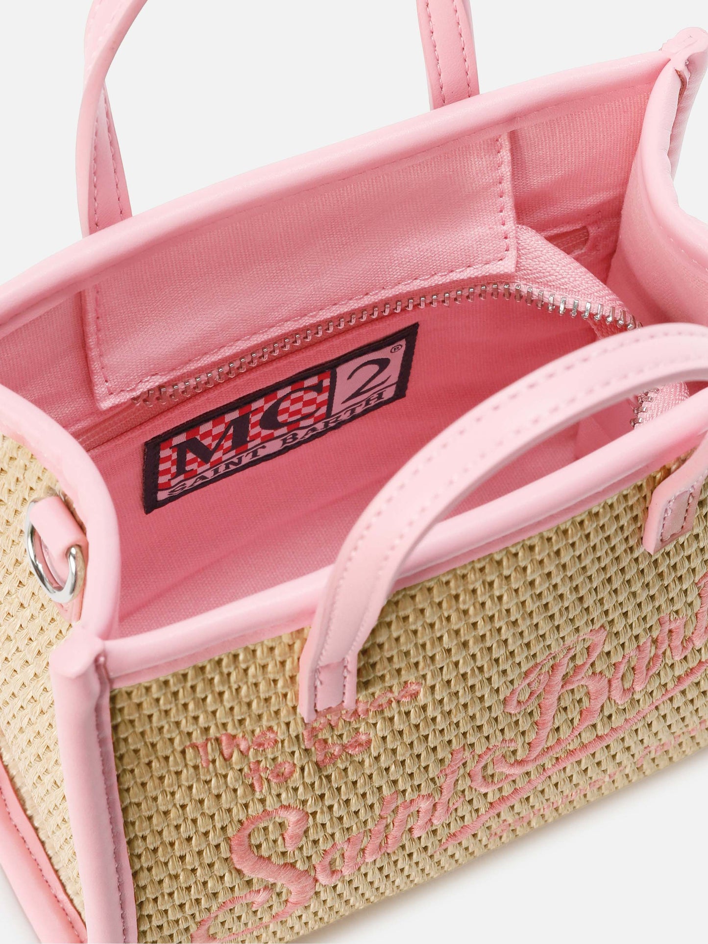 Borsa Vivian mini in tessuto effetto paglia con logo rosa ricamato