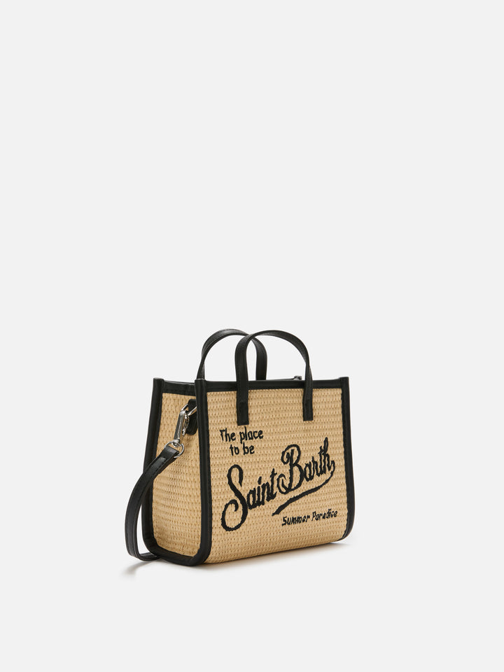 Borsa Vivian mini in tessuto effetto paglia con logo nero ricamato