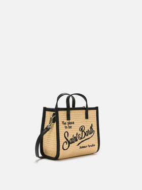 Mini sac effet paille Vivian avec logo brodé noir 