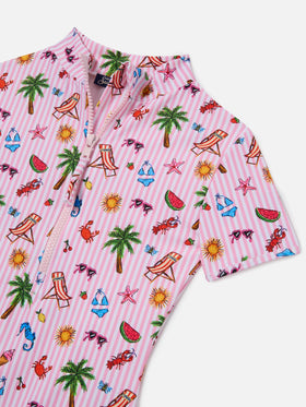 Waikiki short sleeve one-piece swimsuit with funny sketch print