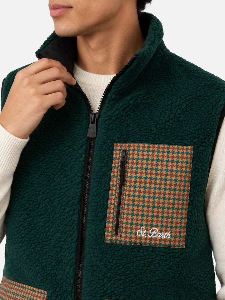 Dark green Wanaka sherpa vest with pied de poule pattern