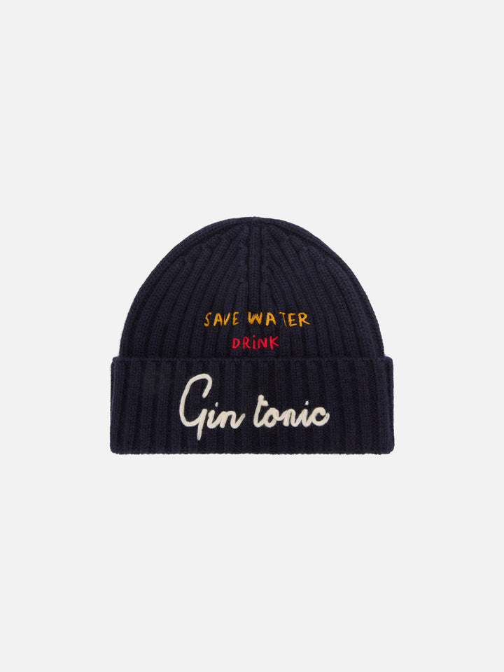 Berretto Wengen blu navy con ricamo Save Water Drink Gin Tonic