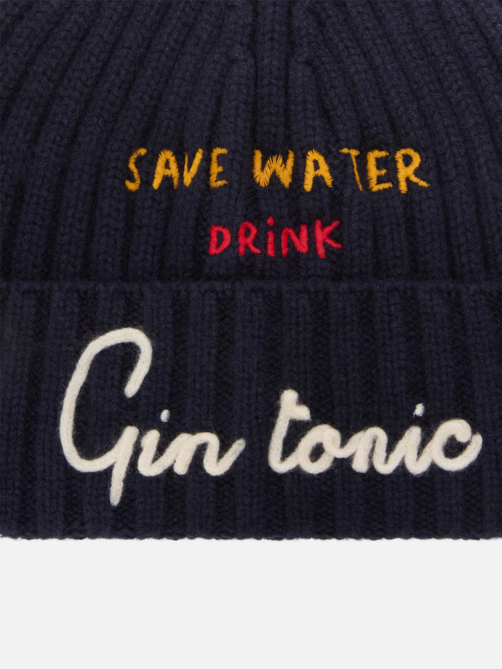 Berretto Wengen blu navy con ricamo Save Water Drink Gin Tonic