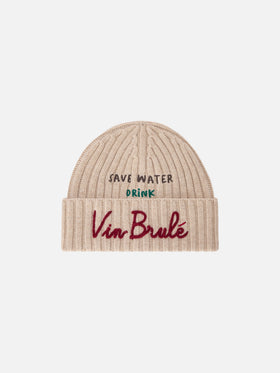 Beige Wengen-Beanie mit Save Water Drink Vin Brulé-Stickerei 