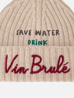 Beige Wengen-Beanie mit Save Water Drink Vin Brulé-Stickerei 