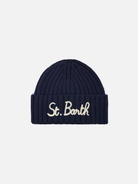 Wengen Jr beanie in cashmere blend in blue with St. Barth embroidery